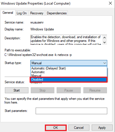 Set startup as disabled and select ok