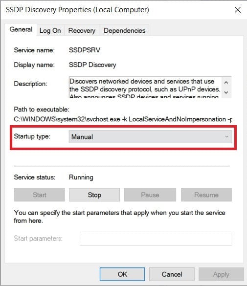 set startup type to manual for SSDP Discovery service properties