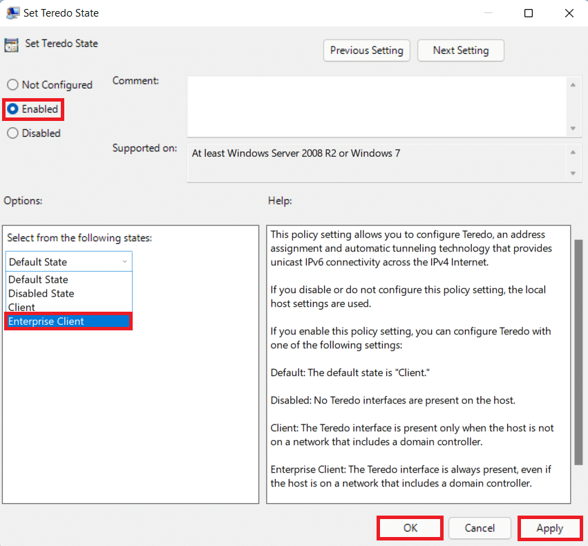 Set Teredo State settings. Click on Apply then OK. Fix Halo Infinite Customization Not Loading in Windows 11