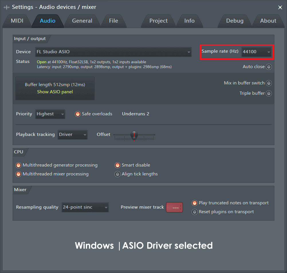 set the Sample Rate (Hz) to 44100 in ASIO Driver audio tab | Fix: ‘Audio Renderer Error: Please Restart Your Computer’
