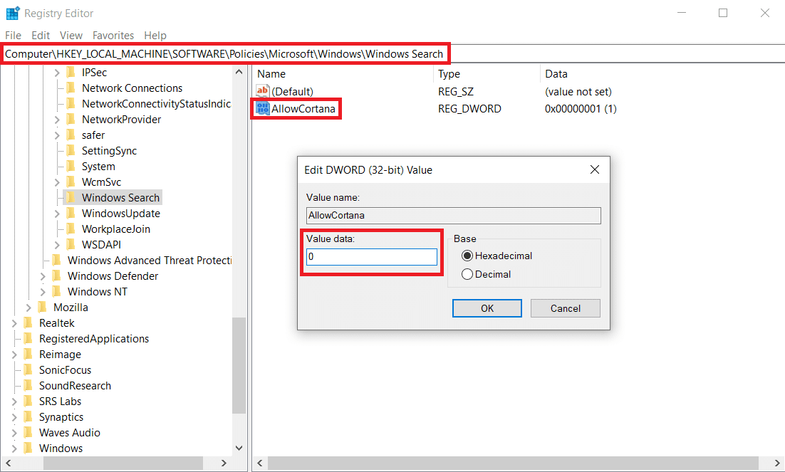 set the Value data to 0 to disable Cortana. | How to Fix Mouse Lag on Windows 10? 