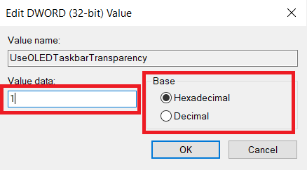 Set the Base to Hexadecimal and the Value Data to 1