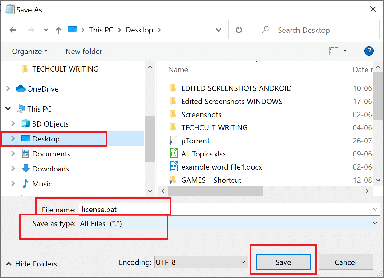set the file name as license.bat and select All Files under Save as type