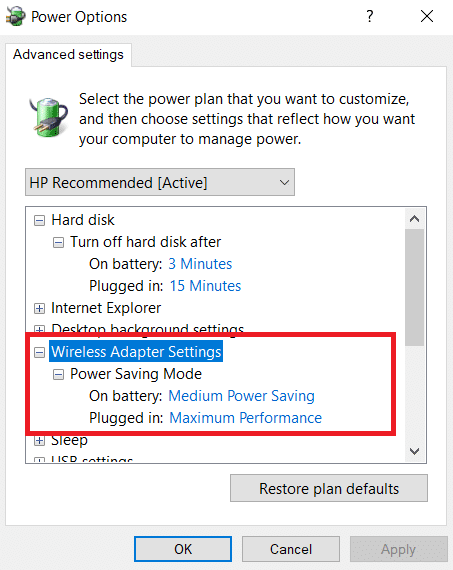 Set the Power Saving Mode to Maximum Performance under Wireless Adapter Settings