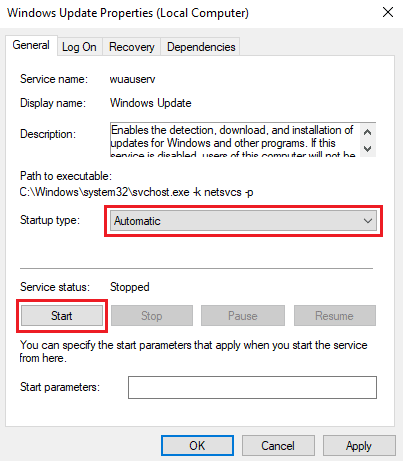 قم بتعيين نوع بدء التشغيل على أنه تلقائي وانقر فوق الزر "ابدأ" لبدء الخدمة. إصلاح رمز الخطأ 0x8078012D في نظام التشغيل Windows 10