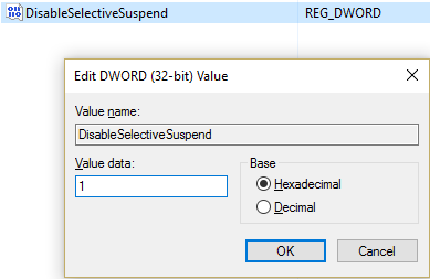 Set the value of DisableSelectiveSuspend key to 1 in order to disable it