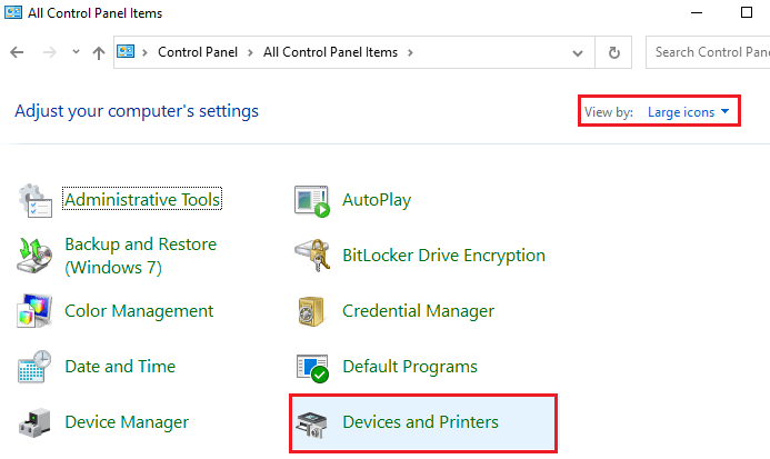 Установите для параметра «Просмотр» значение «Большие значки» и выберите «Устройства и принтеры». Исправить доменные службы Active Directory в настоящее время недоступны в Windows 10