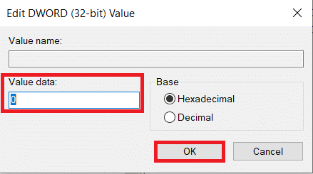 set value data as 0 in Edit DWORD value string. Fix Windows 10 brightness Not Working