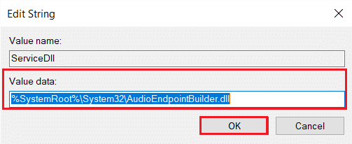 set value data to audioendpointbuilder.dll in the servicedll Registry Editor