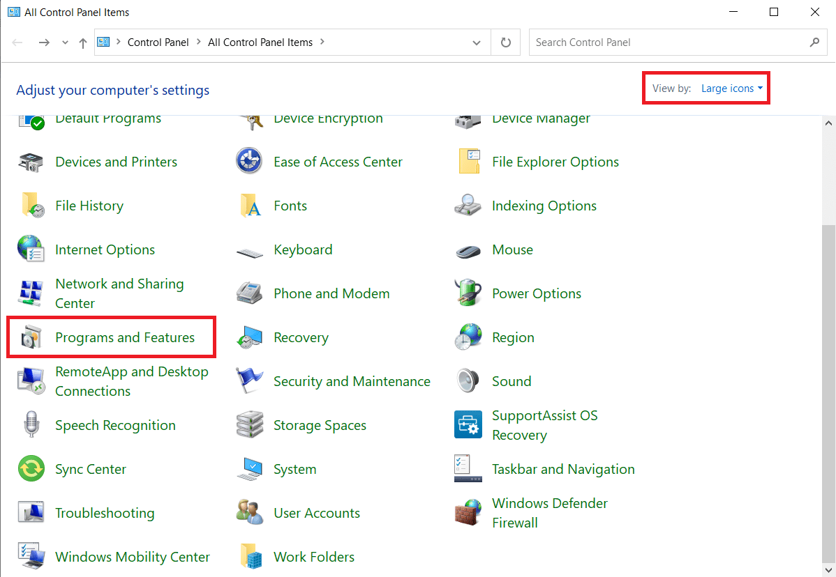 Set View by as Large icons and select Programs and Features. Fix The Handle is Invalid Error in Windows 10