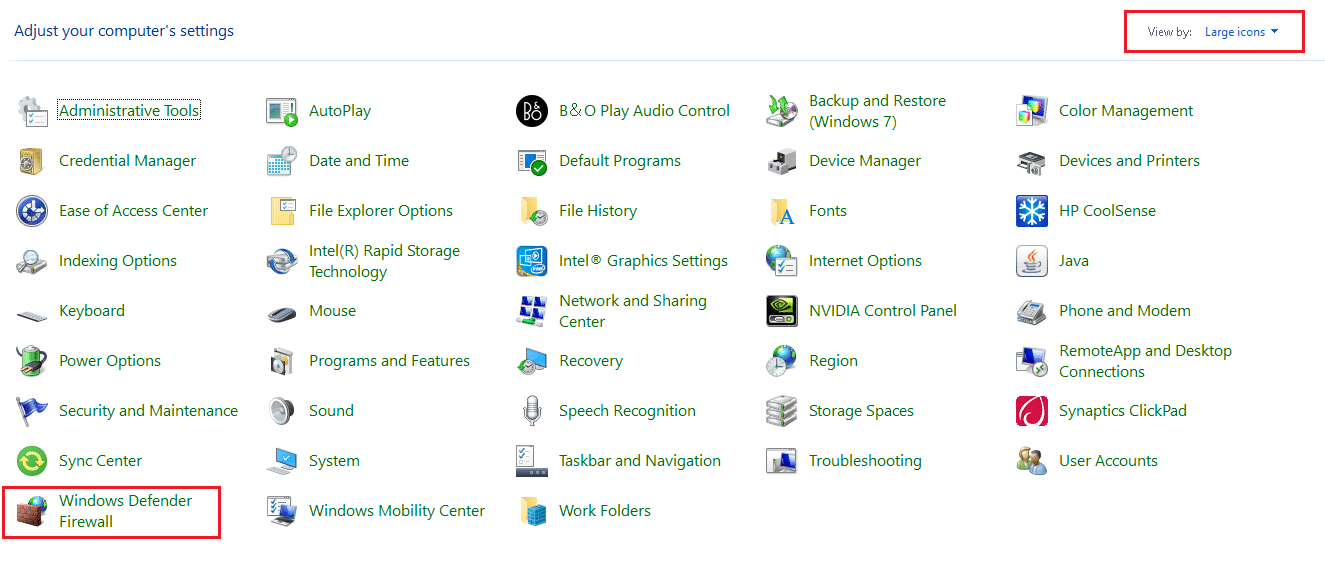 set View by to Large icons and click on Windows Defender Firewall to continue