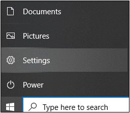 Settings option after clicking start icon.
