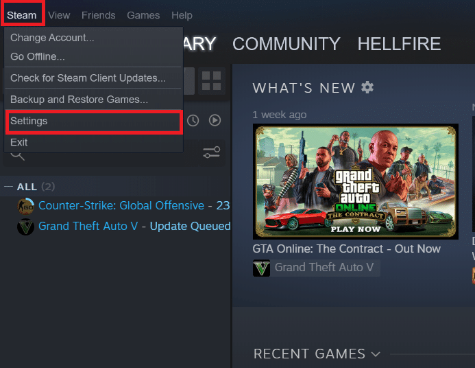 Settings option in the Steam