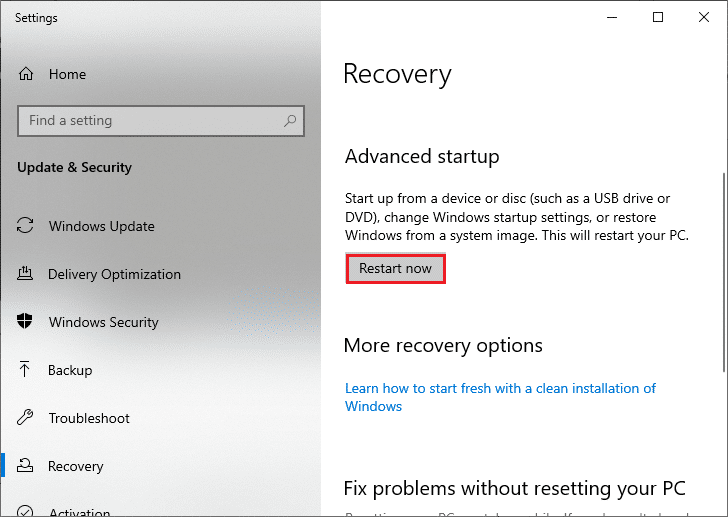 Settings window of Recovery option. Fix Windows 10 Update 0x8007000d Error