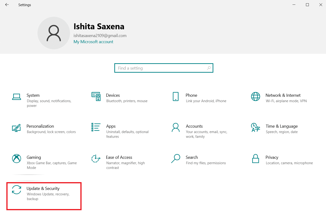Settings Window. Update & Security is highlighted.
