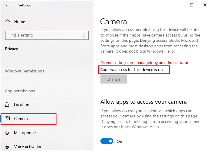 Settings window with camera option selected. Fix No Cameras are Attached in Windows 10
