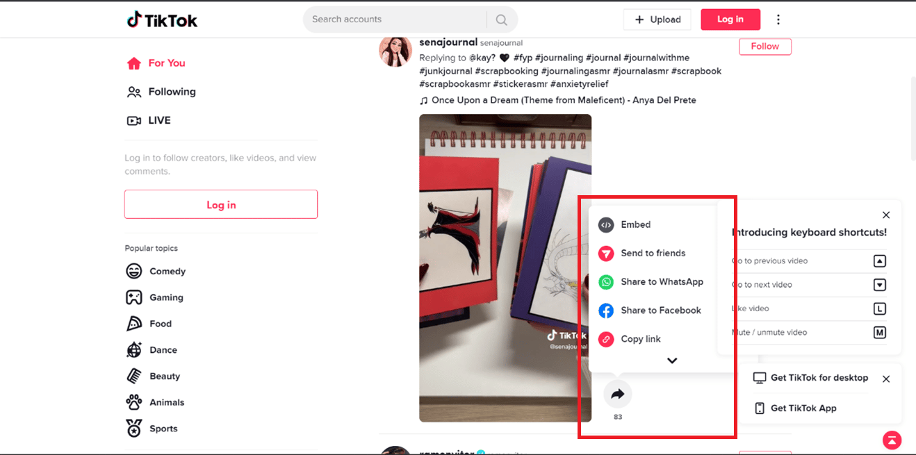Share buttons in TikTok web page