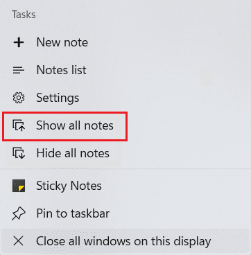 show all notes in sticky notes context menu