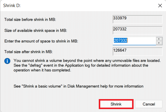 Shrink dialog box. How to Partition Hard Disk in Windows 11