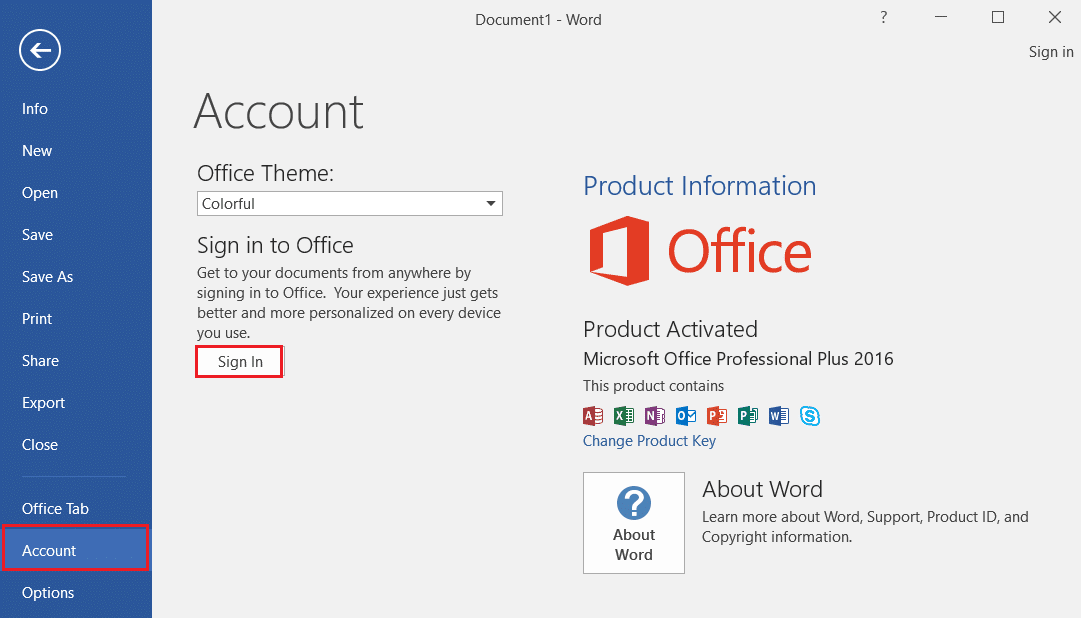 sign in Account in Microsoft Word. Fix Word File Permission Error in Windows 10