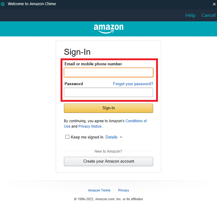 Sign in by entering the Email address | Amazon Chime login
