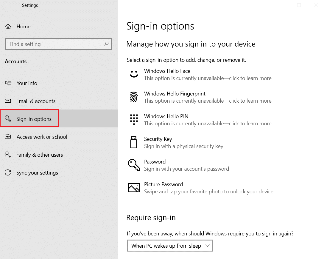 sign in options in Account Settings