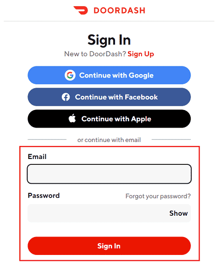 Sign in to your account on DoorDash.