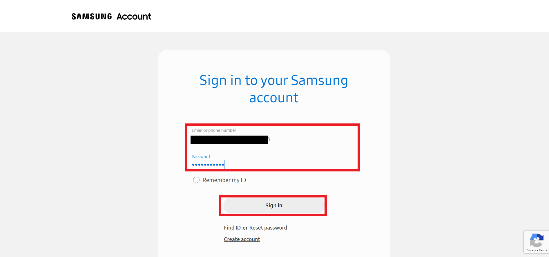 Sign in to your Samsung account with your Email or phone number and Password