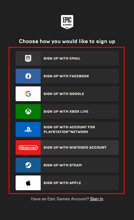 Sign up using any of the options given there | How to Delete Fortnite Account on Switch