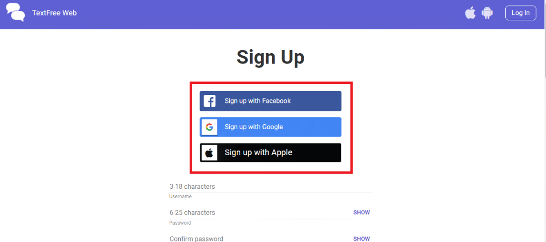 Sign up with your Facebook, Google, or Apple account