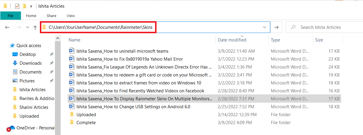 Skins-polku File Explorerissa. Kuinka asentaa Rainmeter Dual Monitor Skins Windows 10:ssä