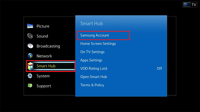 Smart hub options Samsung Account Smart TV | sign into Samsung account on TV