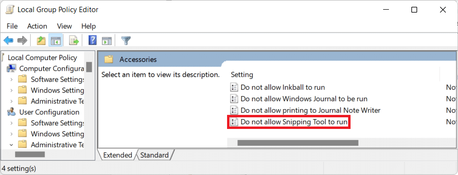 Snipping tool policy in the Local Group Editor. How to Disable Snipping Tool in Windows 11