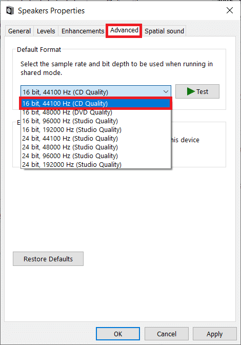 Speaker Properties Advanced tab. Fix Windows 10 Audio Crackling