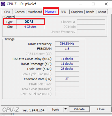 specifications of ram under memory tab in CPUZ Application | Check If Your RAM Type Is DDR3, Or DDR4 in Windows 10