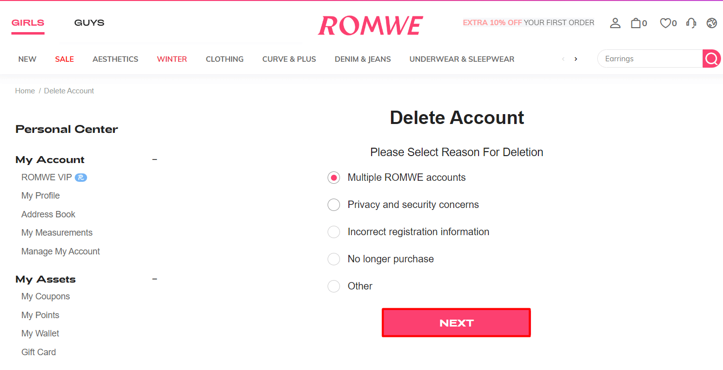 Specify a reason under Please Select Reason For Deletion and click on NEXT on romwe
