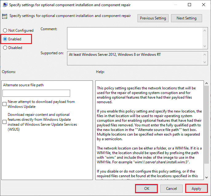 Specify settings for optional component installation and component repair pop up window. Fix Windows 10 Update 0x8007000d Error