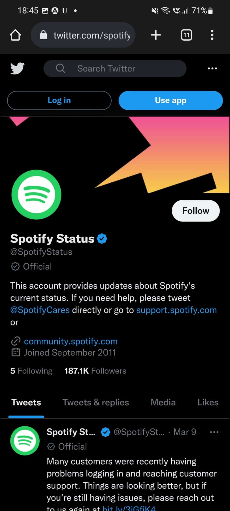 Spotify status page shown on android