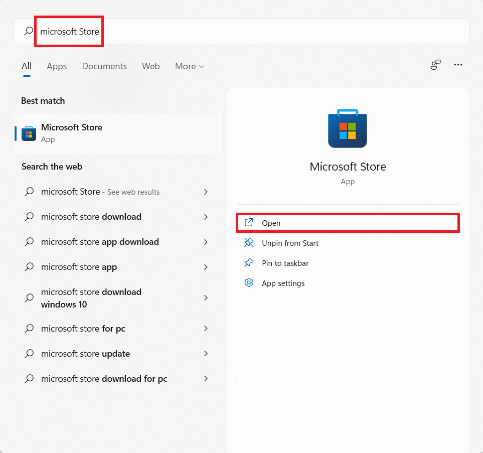 Start menu search result for Microsoft Store