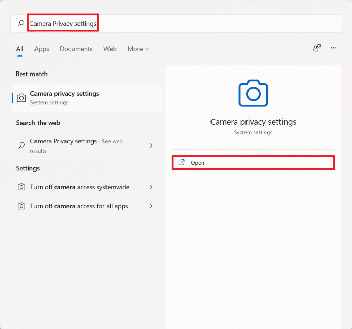 Start menu search results for Camera Privacy settings