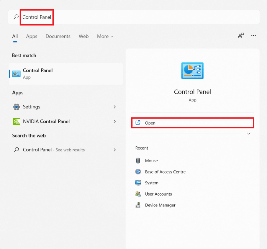 Start menu search results for Control Panel.