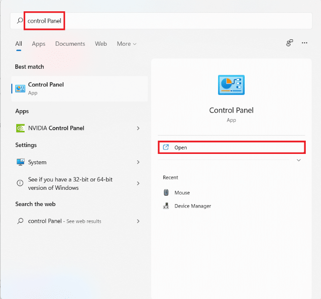 Start menu search results for Control Panel