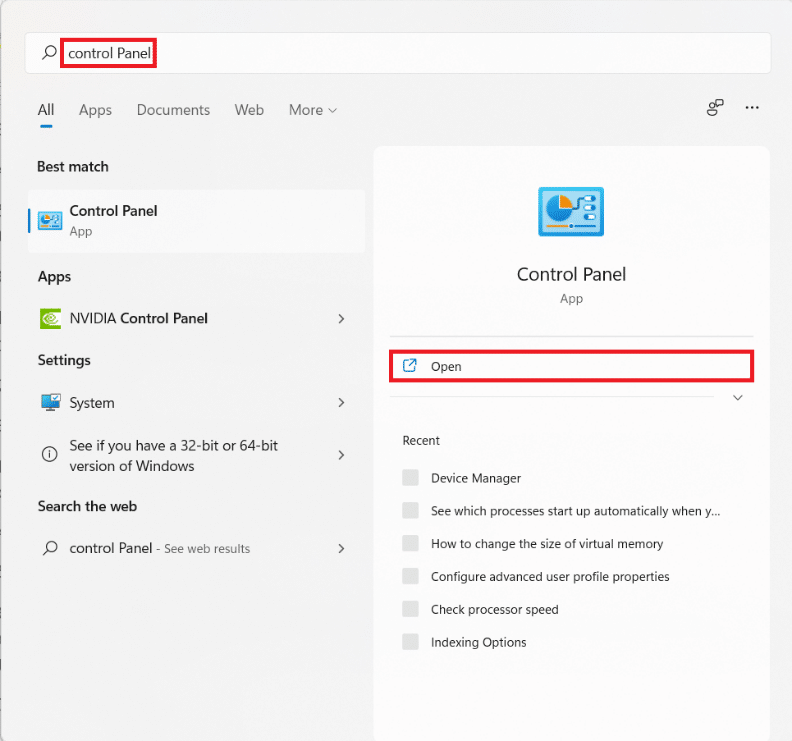 Start menu search results for control panel