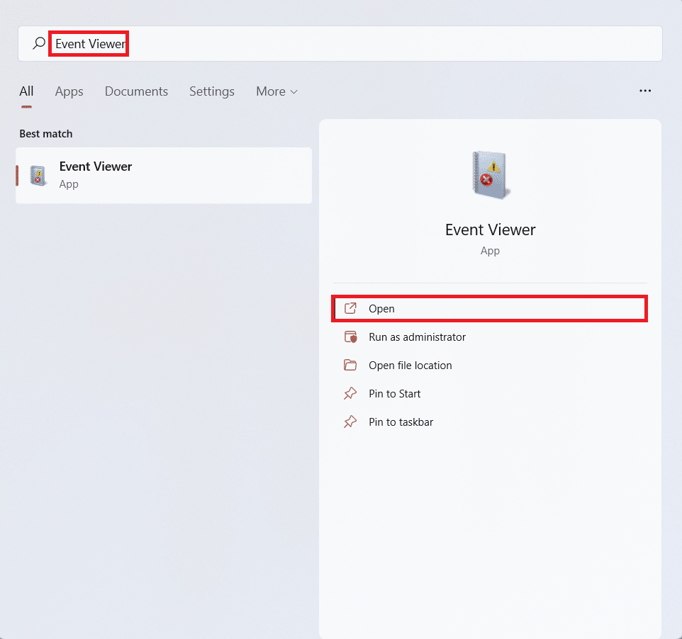 Start menu search results for Event viewer