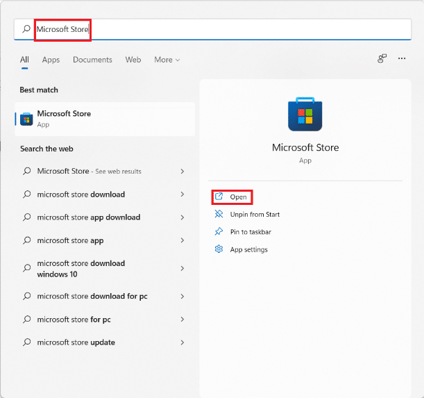 Start menu search results for Microsoft Store