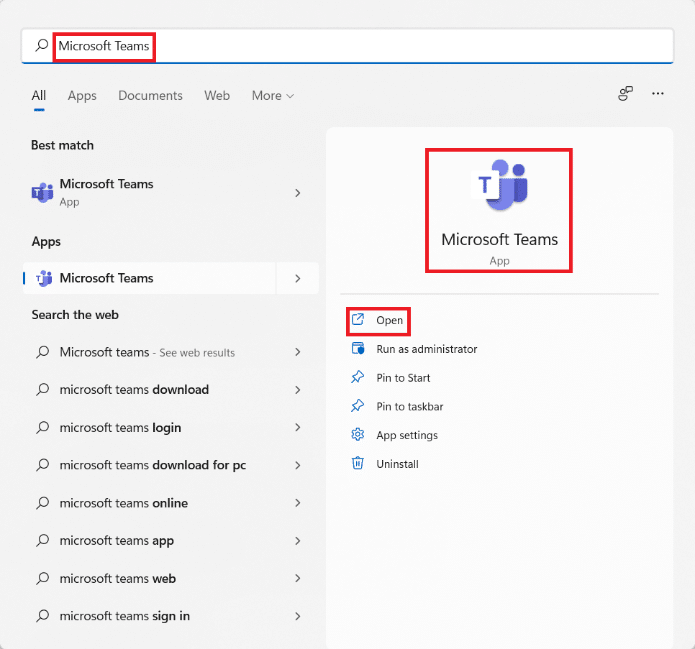Wyniki wyszukiwania w menu Start dla Microsoft Teams. Jak zatrzymać automatyczne otwieranie aplikacji Microsoft Teams w systemie Windows 11