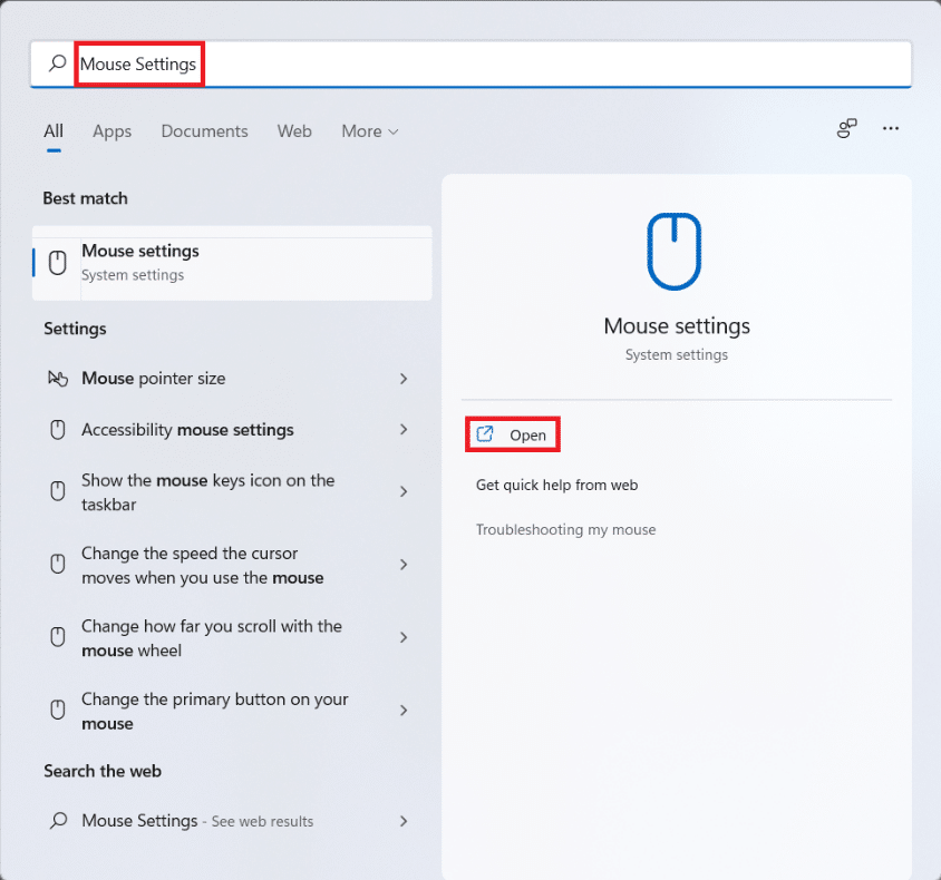 Start menu search results for Mouse settings. How to get black cursor in Windows 11