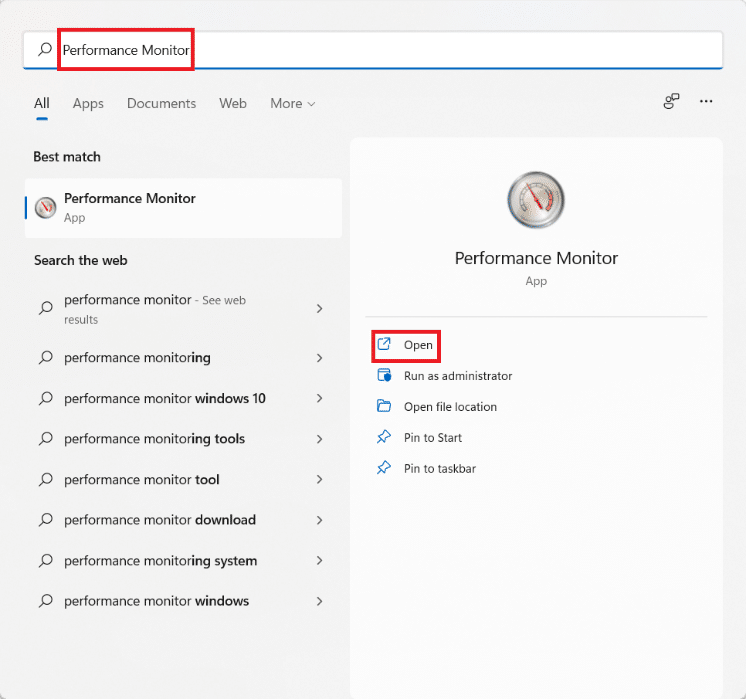 Start menu search results for Performance Monitor. Ways to speed up Windows 11