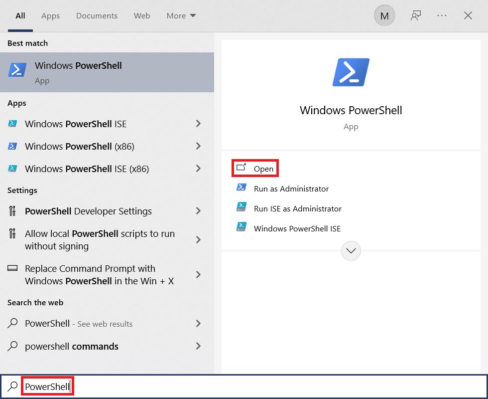 Start menu search results for PowerShell. Fix Windows Key Disabled