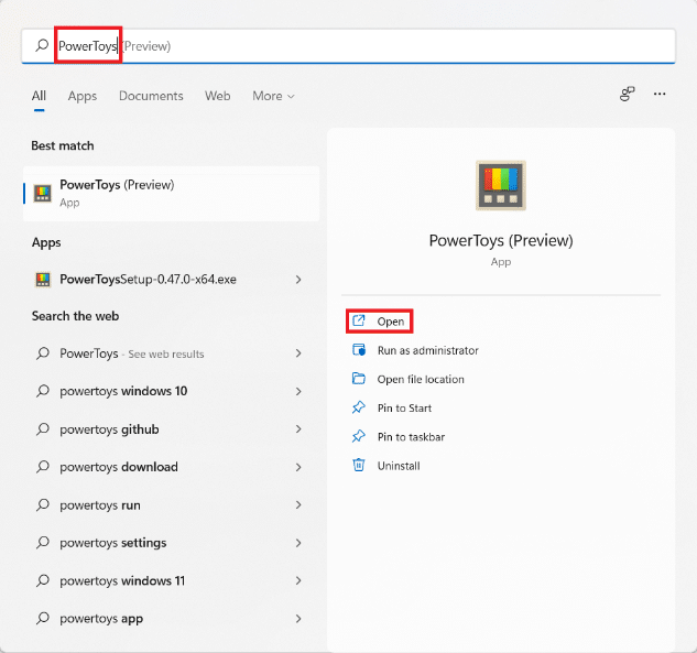 Start menu search results for PowerToys. How to update Microsoft PowerToys app on Windows 11